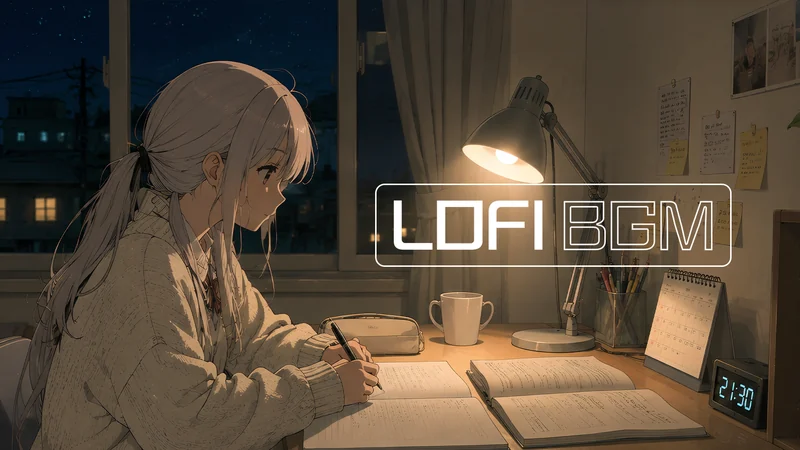 夜の机で勉強する人